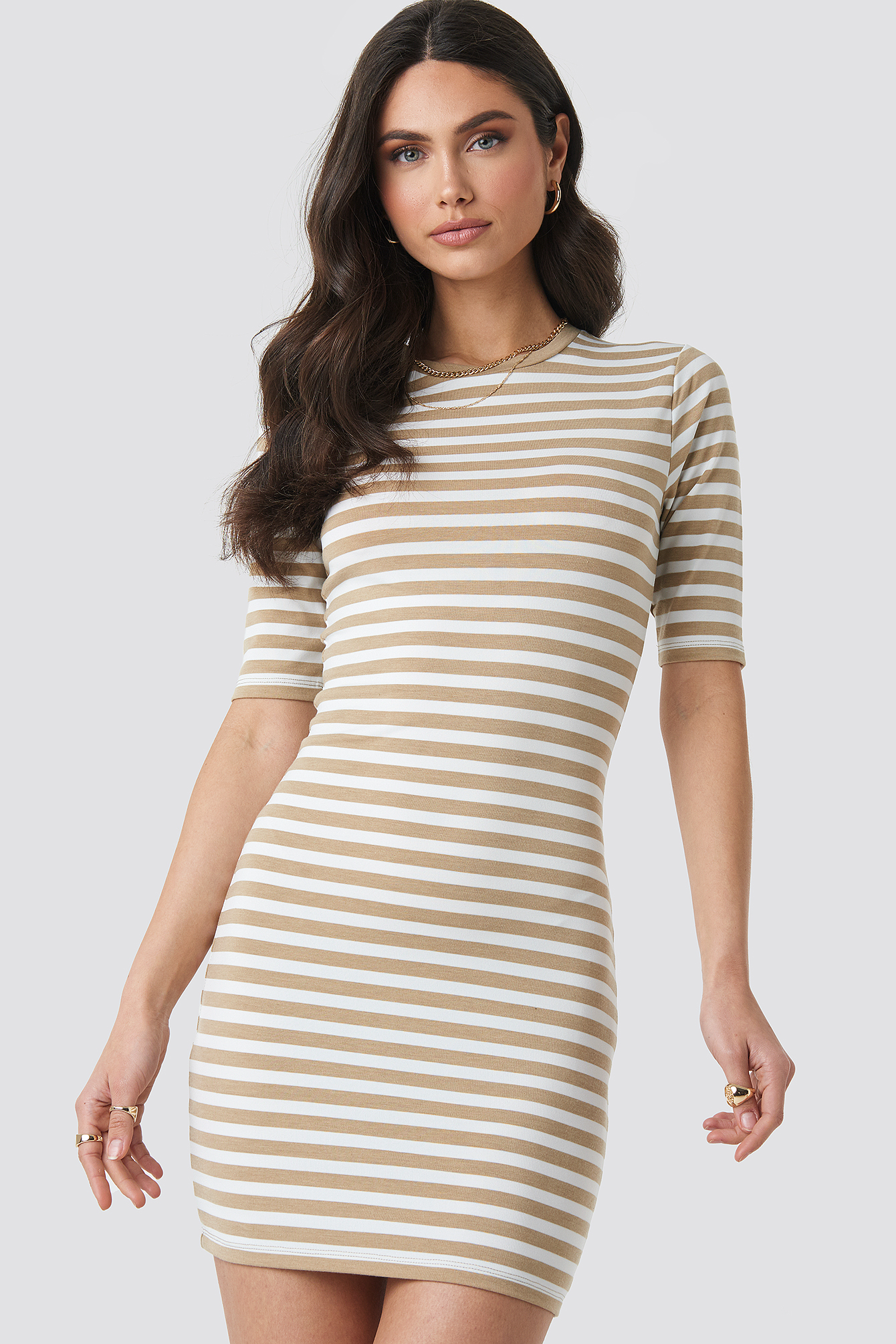 Striped Fitted T-shirt Dress Beige | na ...